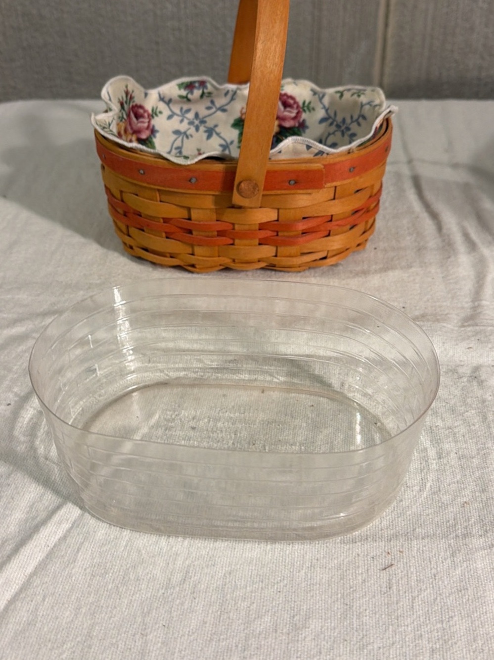 Longaberger Orange and Yellow Woven Basket with Floral Liner